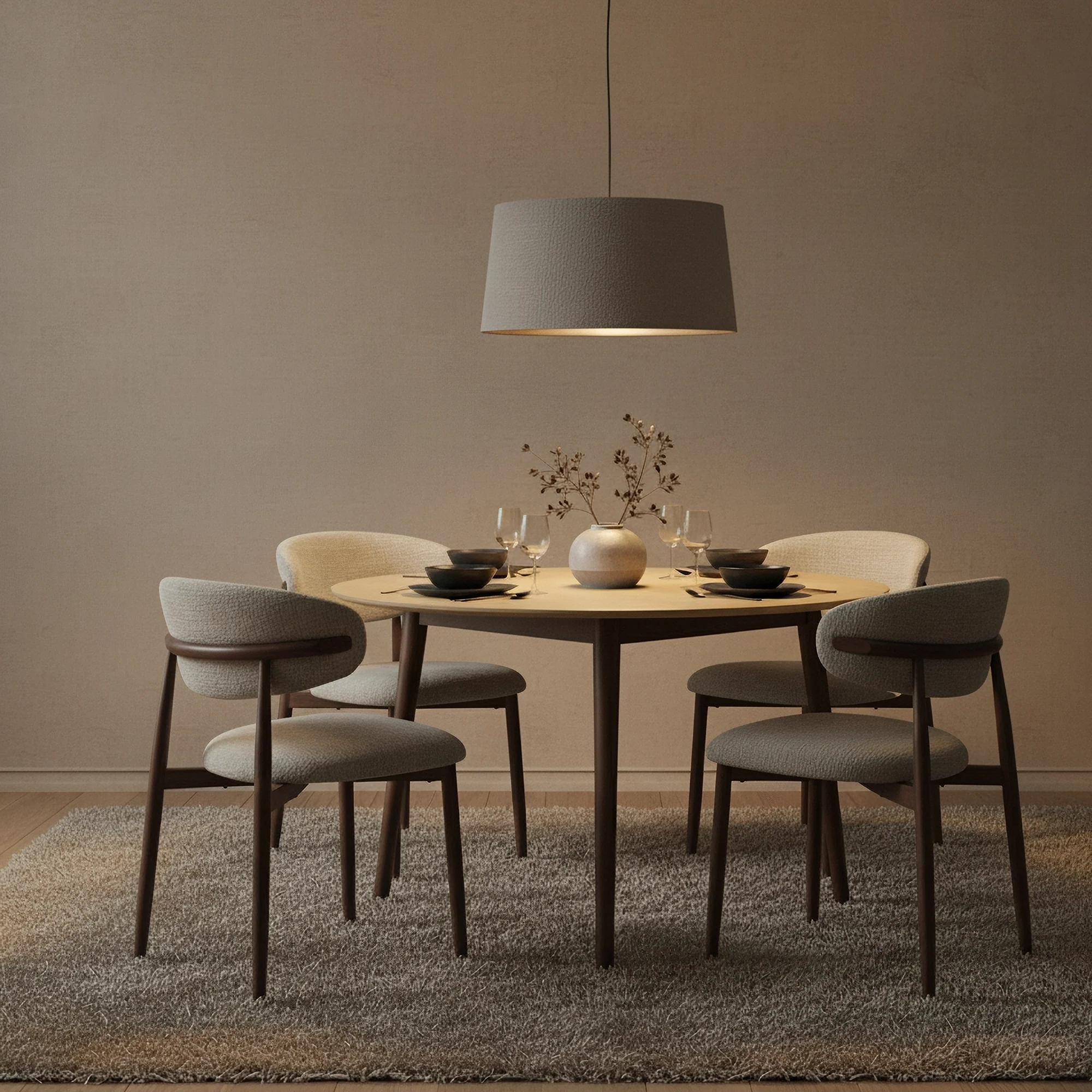 Milo 5pc Dining Set 120cm Round Table Sintered Stone Top Beige Chair Walnut - Image 4