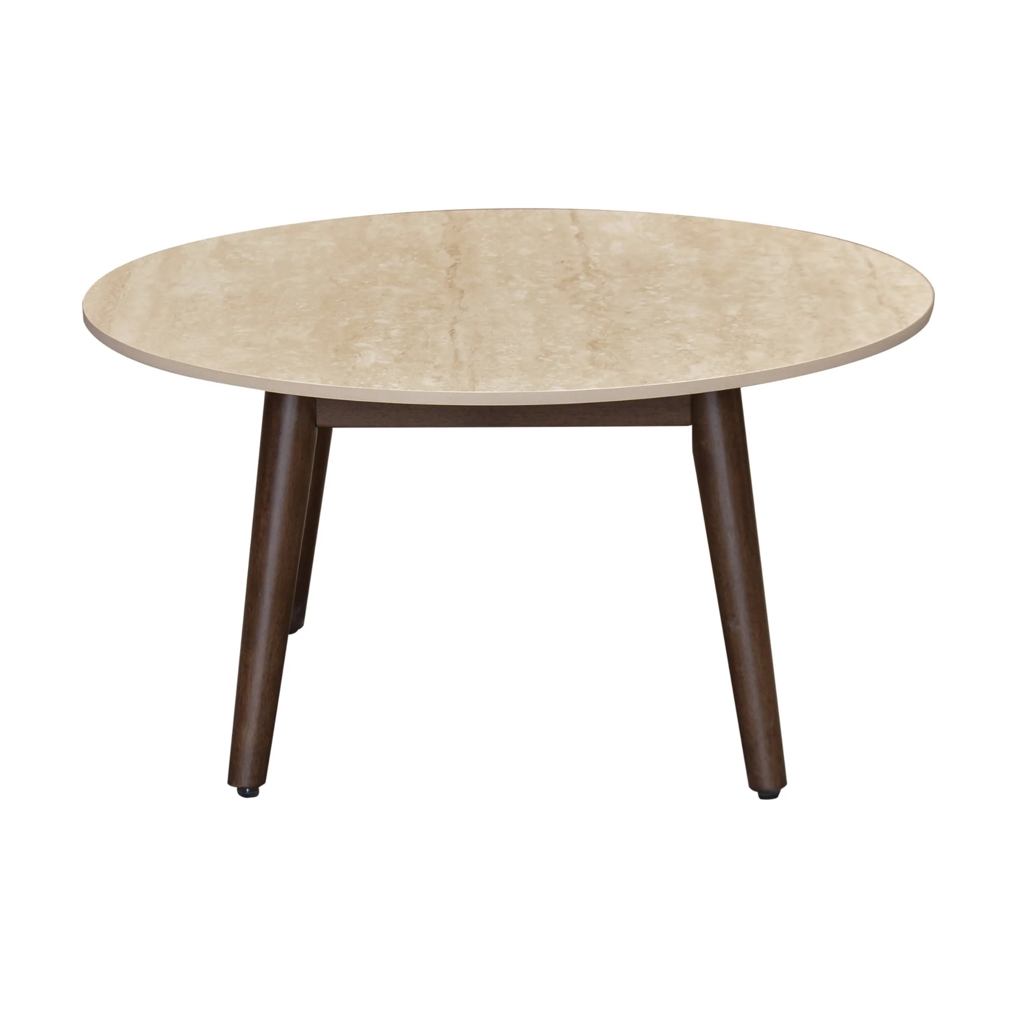 Milo 80cm Round Coffee Table Sintered Stone Travertine Top Walnut - Image 2