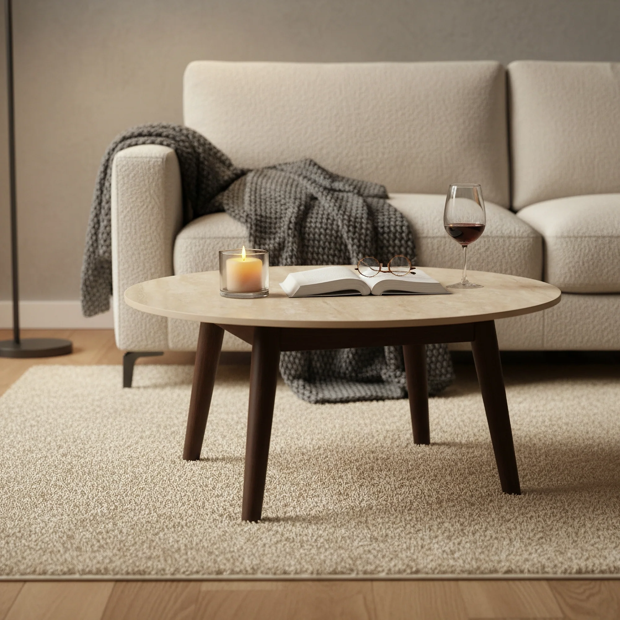Milo 80cm Round Coffee Table Sintered Stone Travertine Top Walnut - Image 3