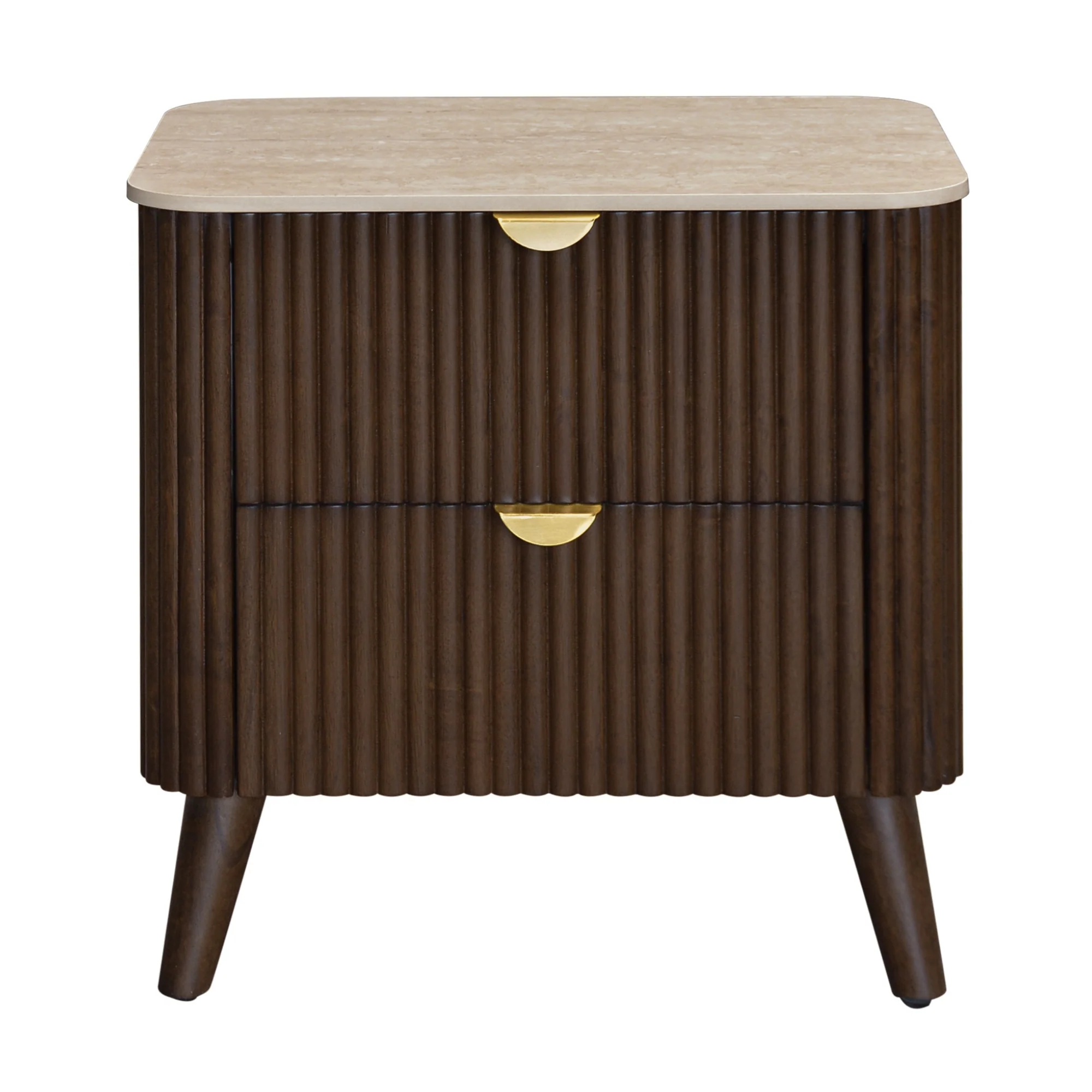 Milo Bedside Table 2 Drawer Sintered Stone Travertine Top Walnut - Image 2