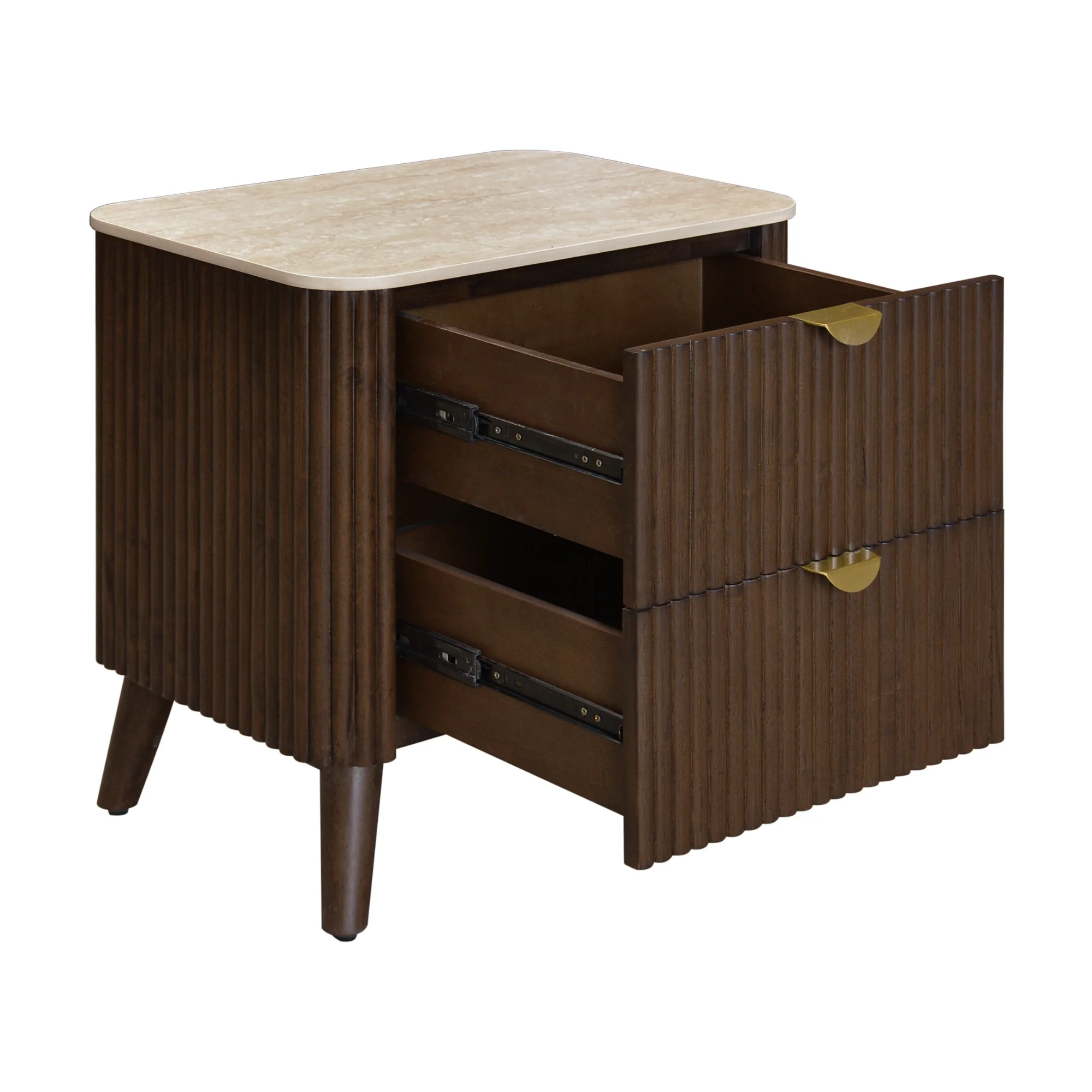 Milo Bedside Table 2 Drawer Sintered Stone Travertine Top Walnut - Image 4