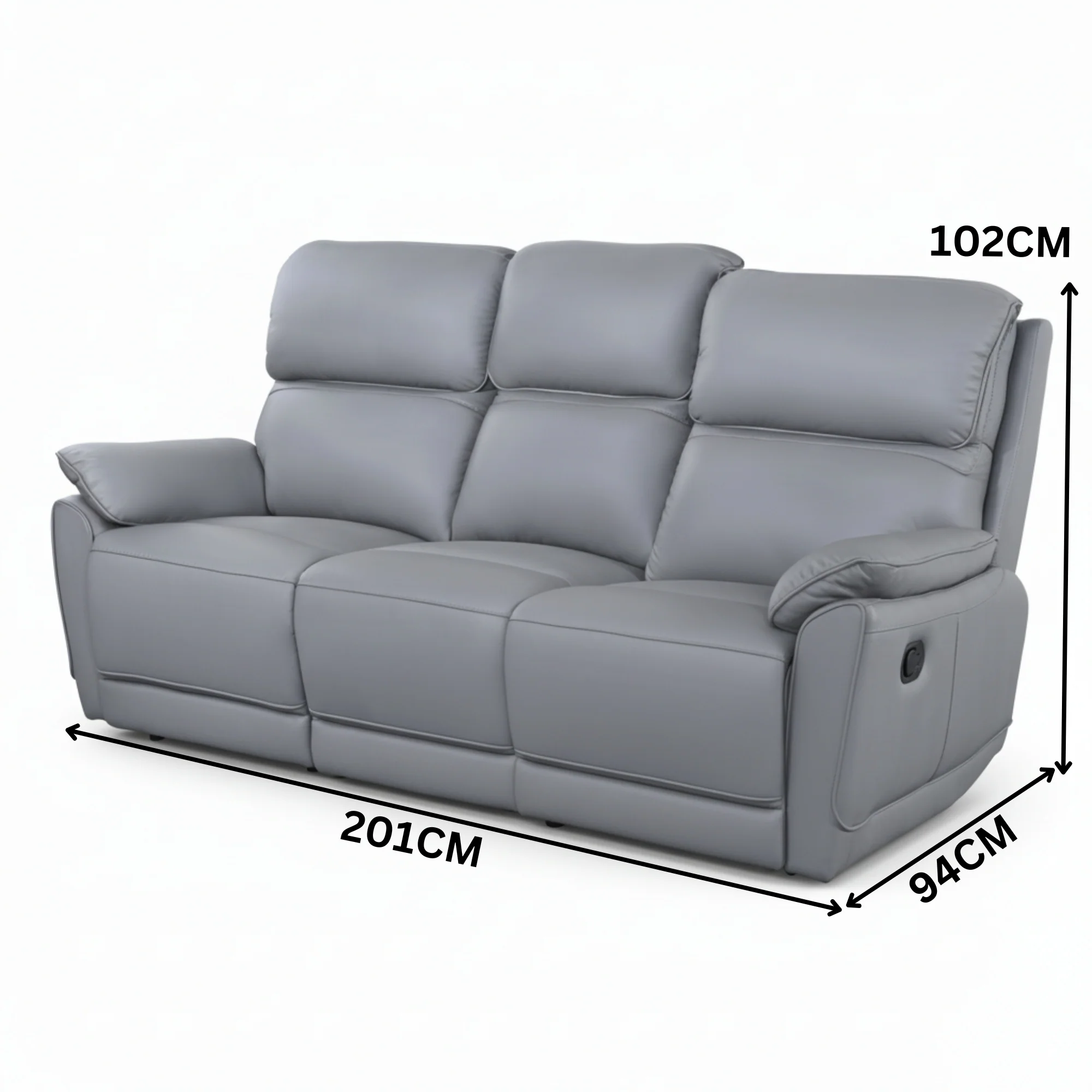 New York 3 Seater Manual Recliner Genuine Leather Stone Grey - Image 3