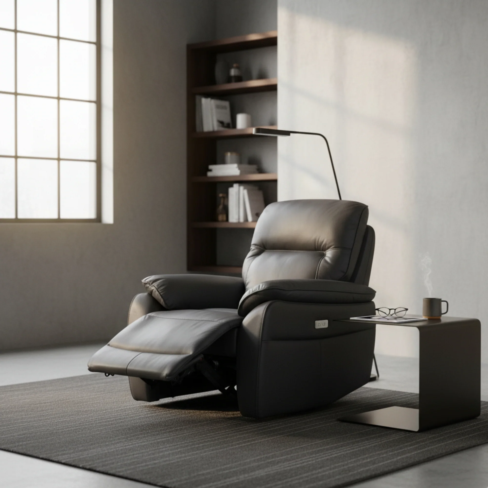 North Star Single Seater Electric Power Genuine Leather Recliner Sofa Lounge Graphite Grey