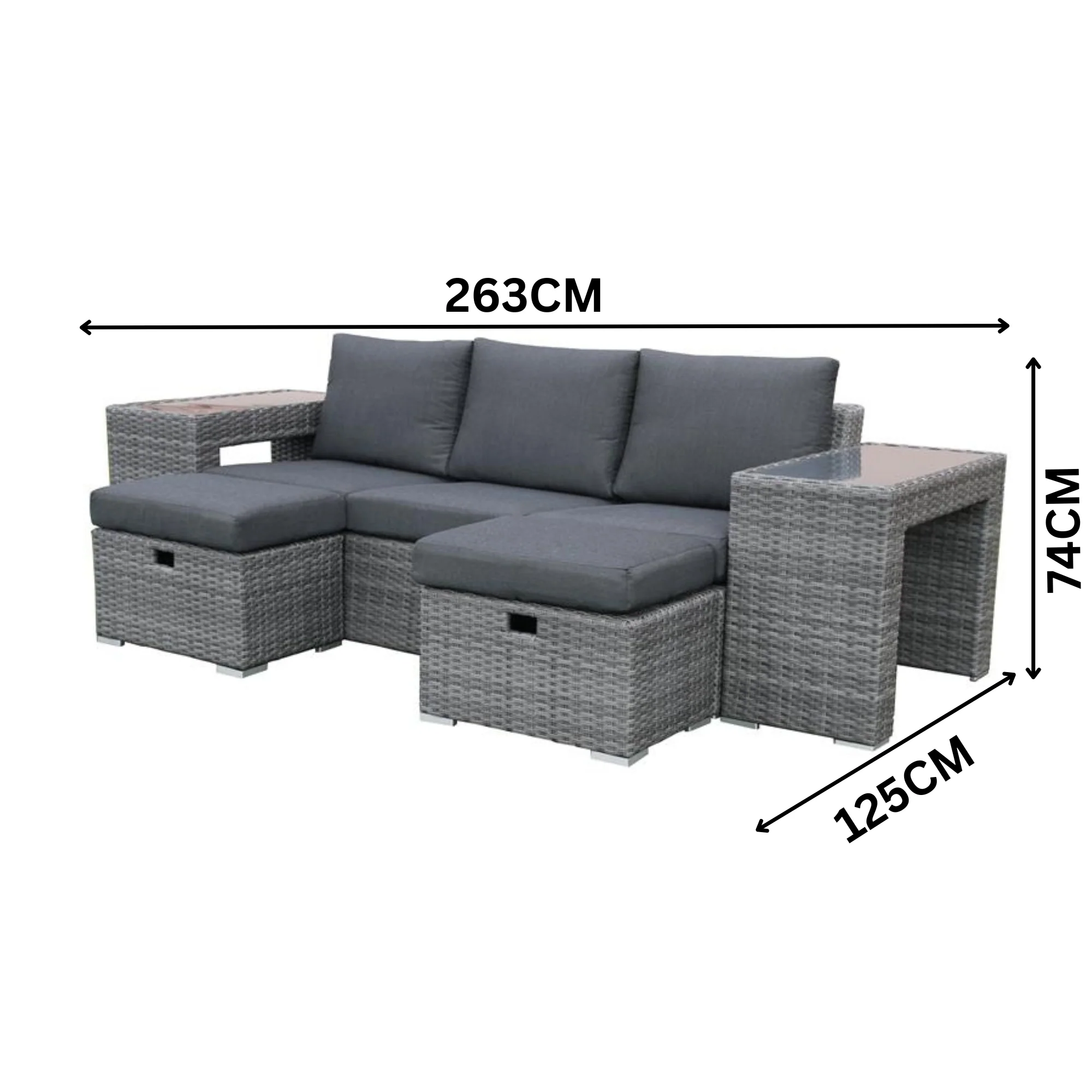 Paolo 5pc Wicker Sofa Lounge Ottoman Side Table Set Dark Grey - Image 3