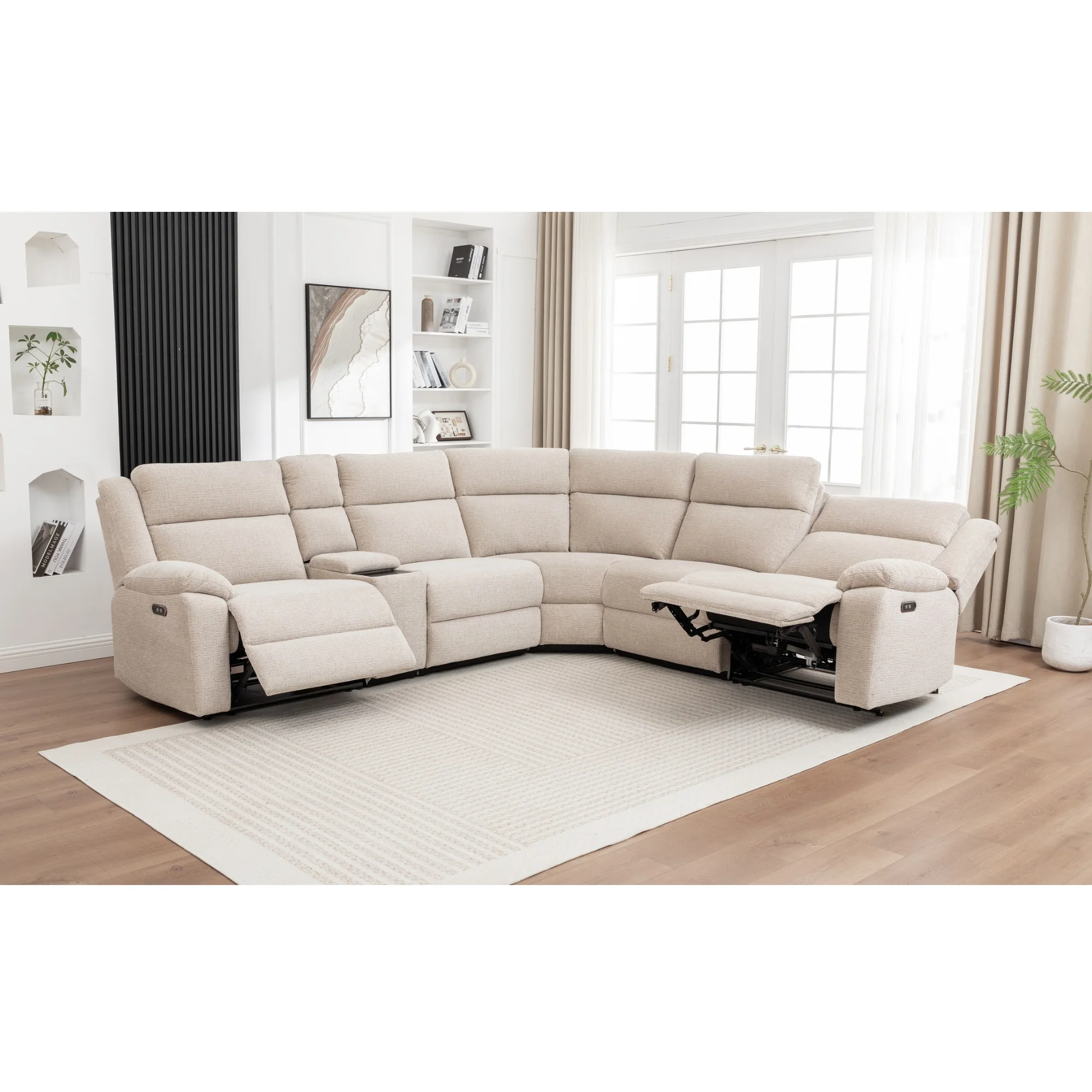 San Fino 4 Seater Modular Corner Electric Recliner Fabric Sofa Lounge Beige - Image 2