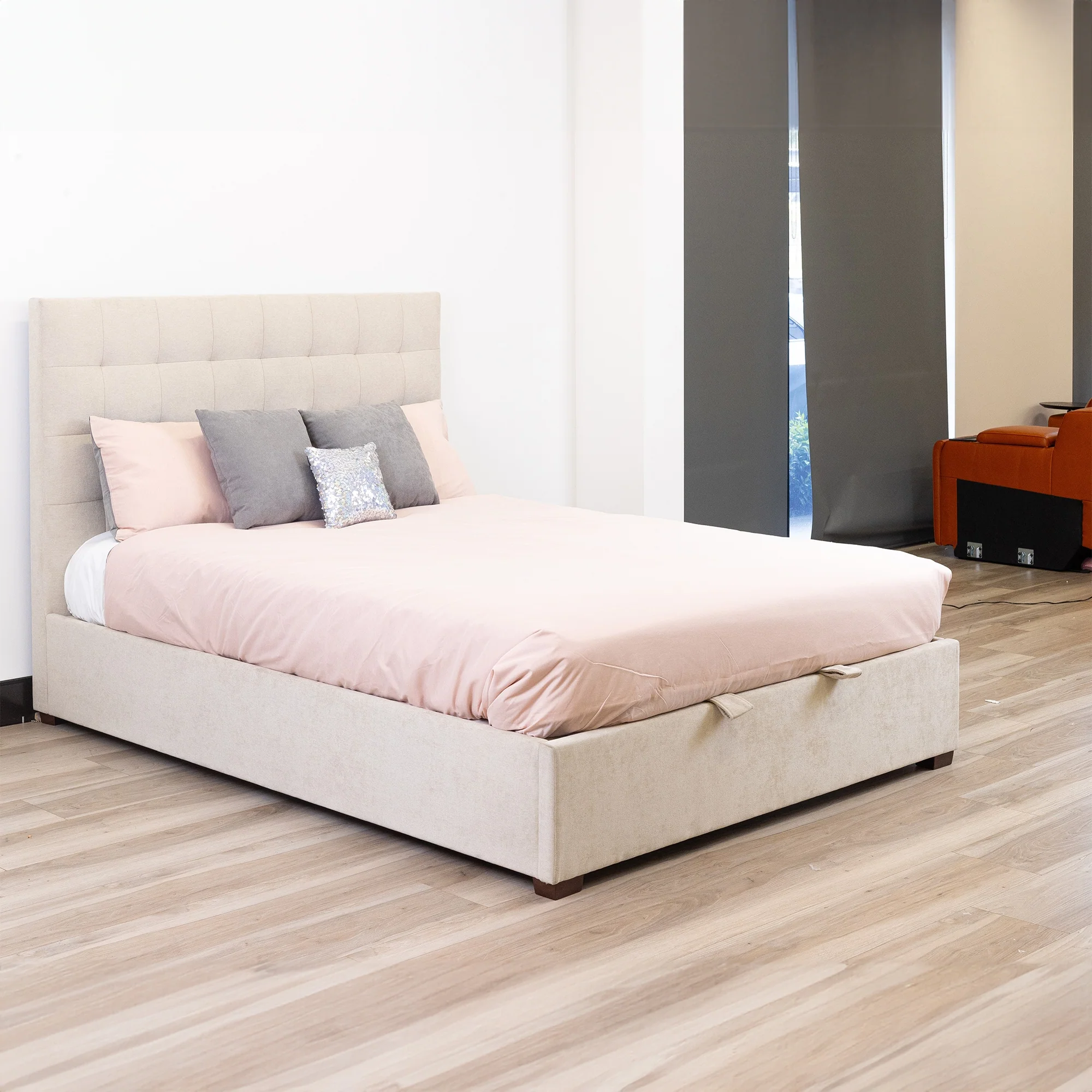St James King Bed Frame Gas Lift Storage Oatmeal Beige - Image 2