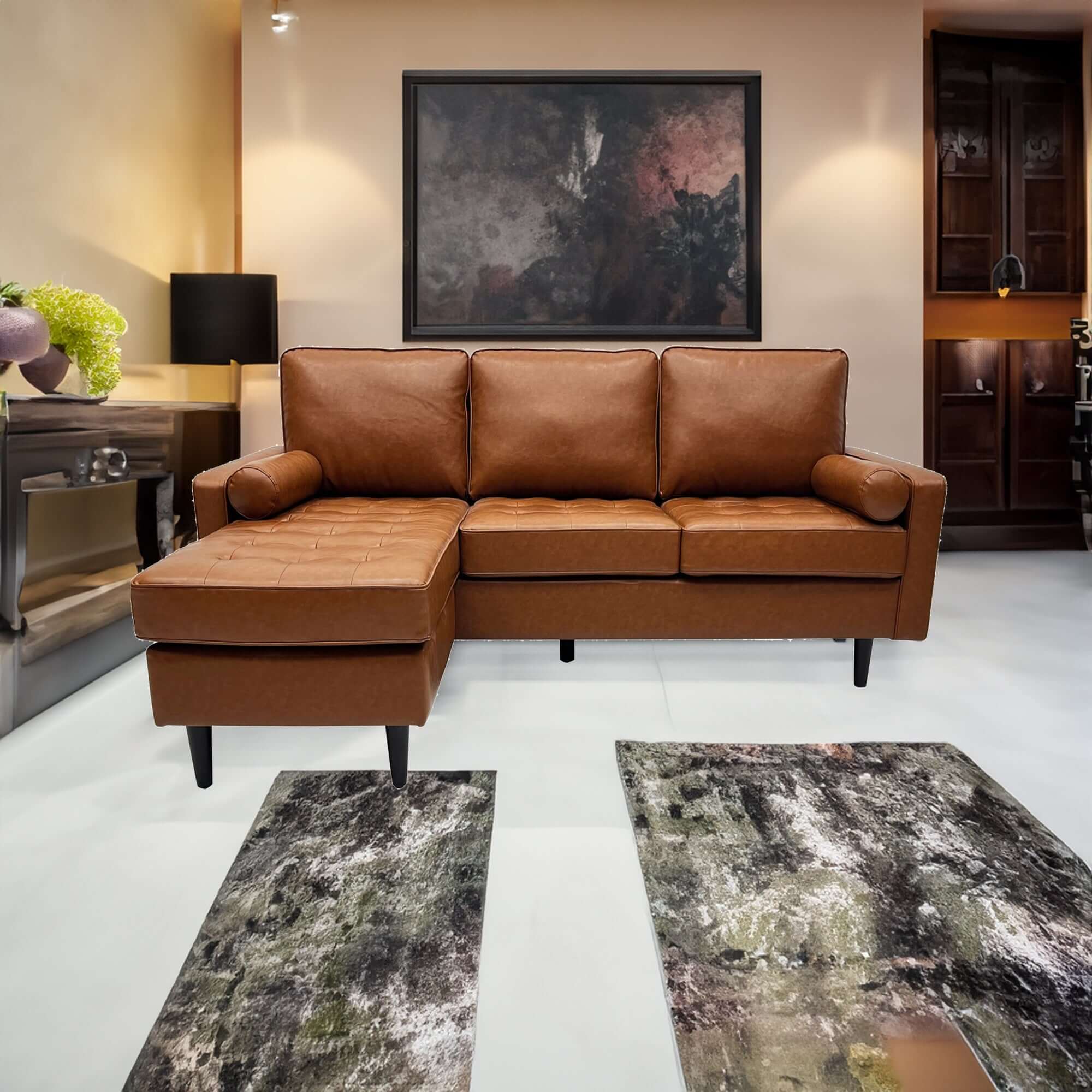 Stockholm 3 Seater Sofa With Reversible Chaise Premium Faux Leather Sofa Tan - Image 2