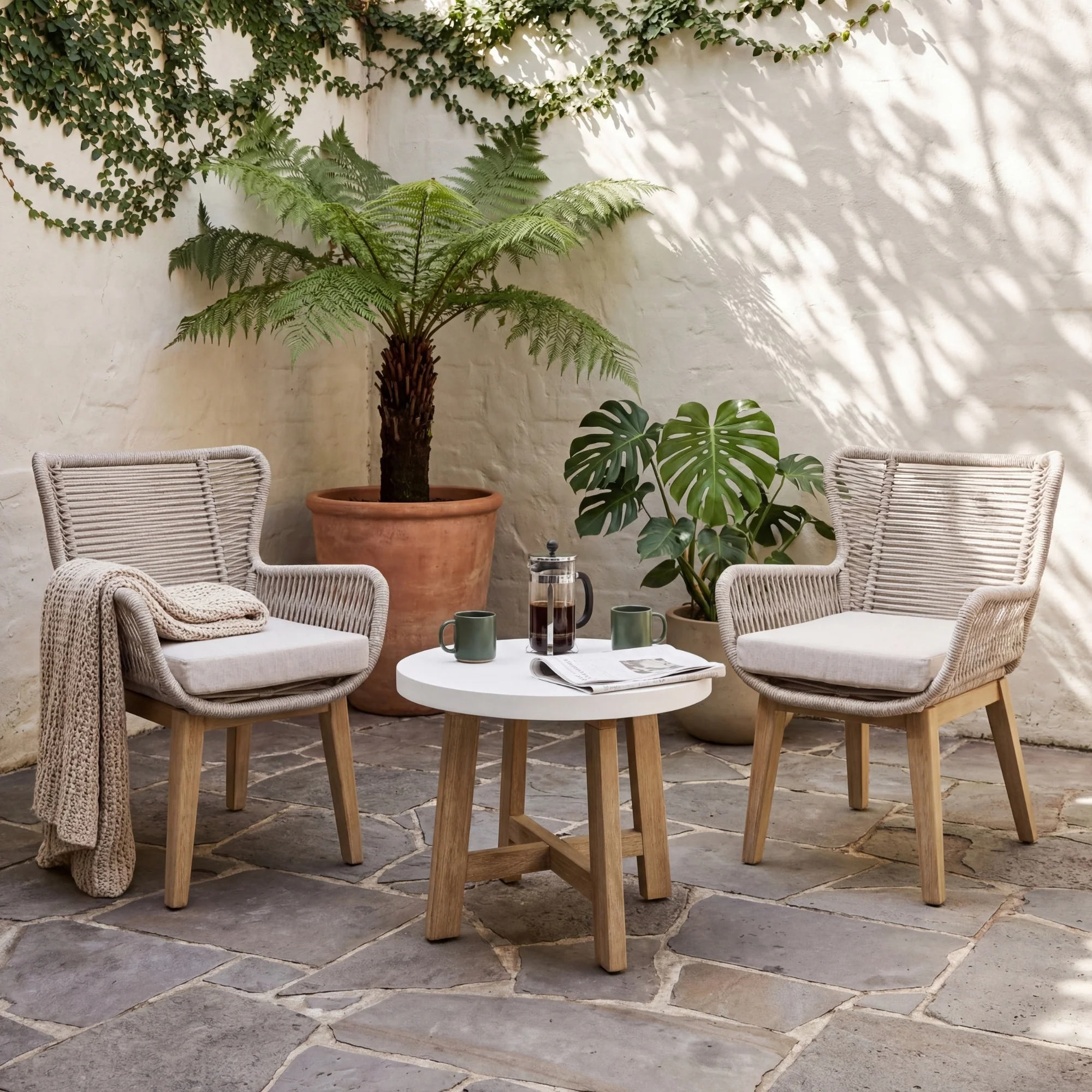 Stud 3pc Chat Set Outdoor Chair Coffee Table White Wash - Image 3