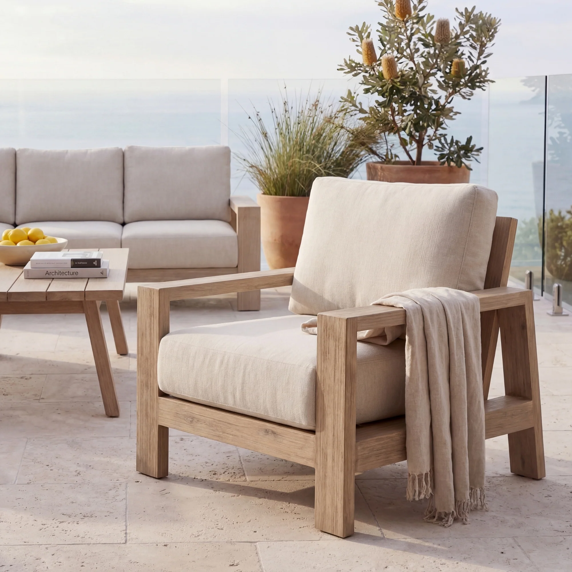 Stud 4pc Set Outdoor Sofa Lounge Chair Cofee Table White Wash - Image 4