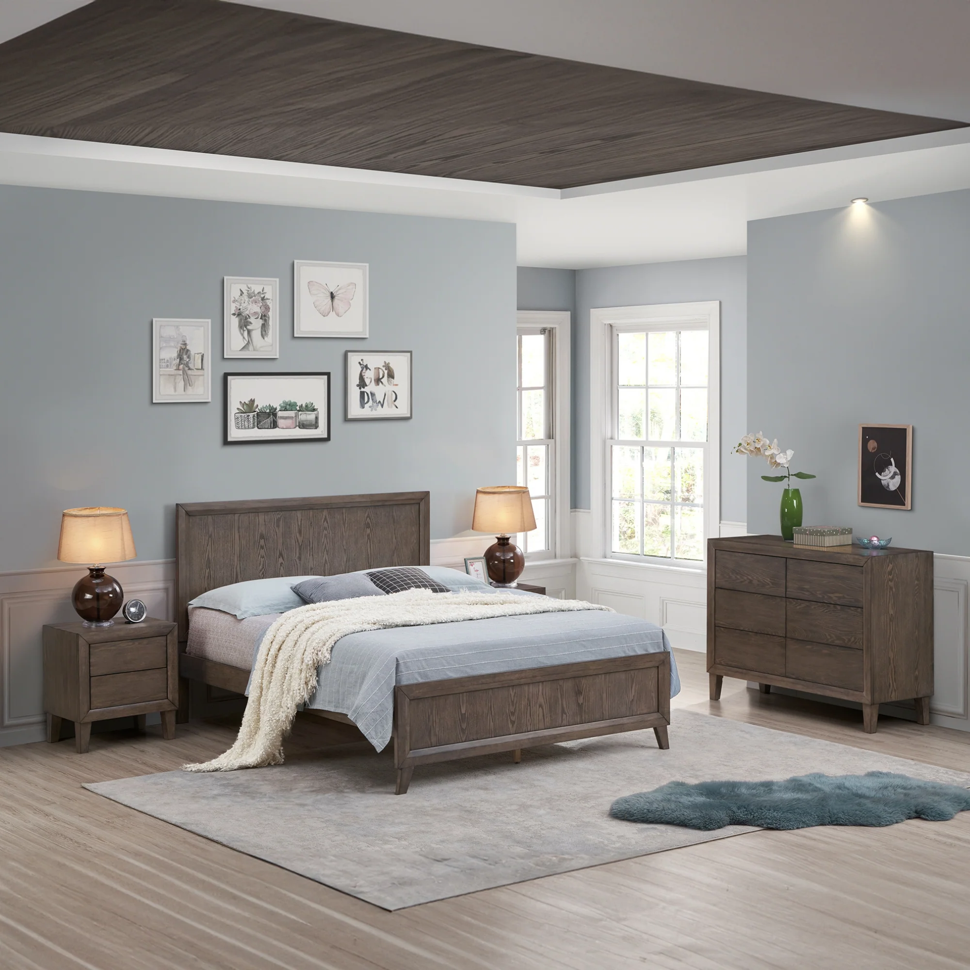 Suno Queen Bedroom Suite Bed Frame Bedside Dresser Set Dark Grey - Image 2