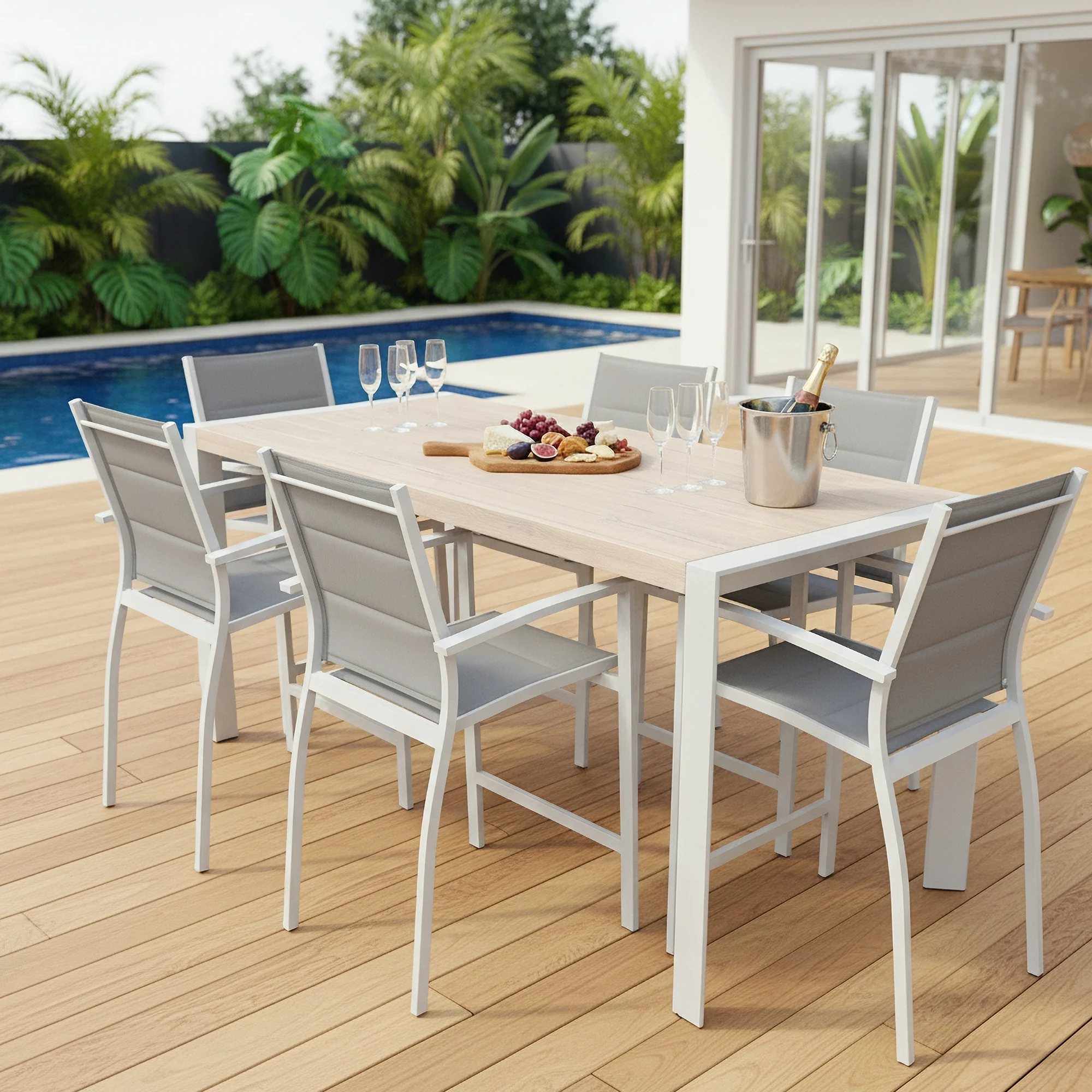 Torres 7pc Set Outdoor Aluminium Bar Table 6 Barstool Chair White - Image 3