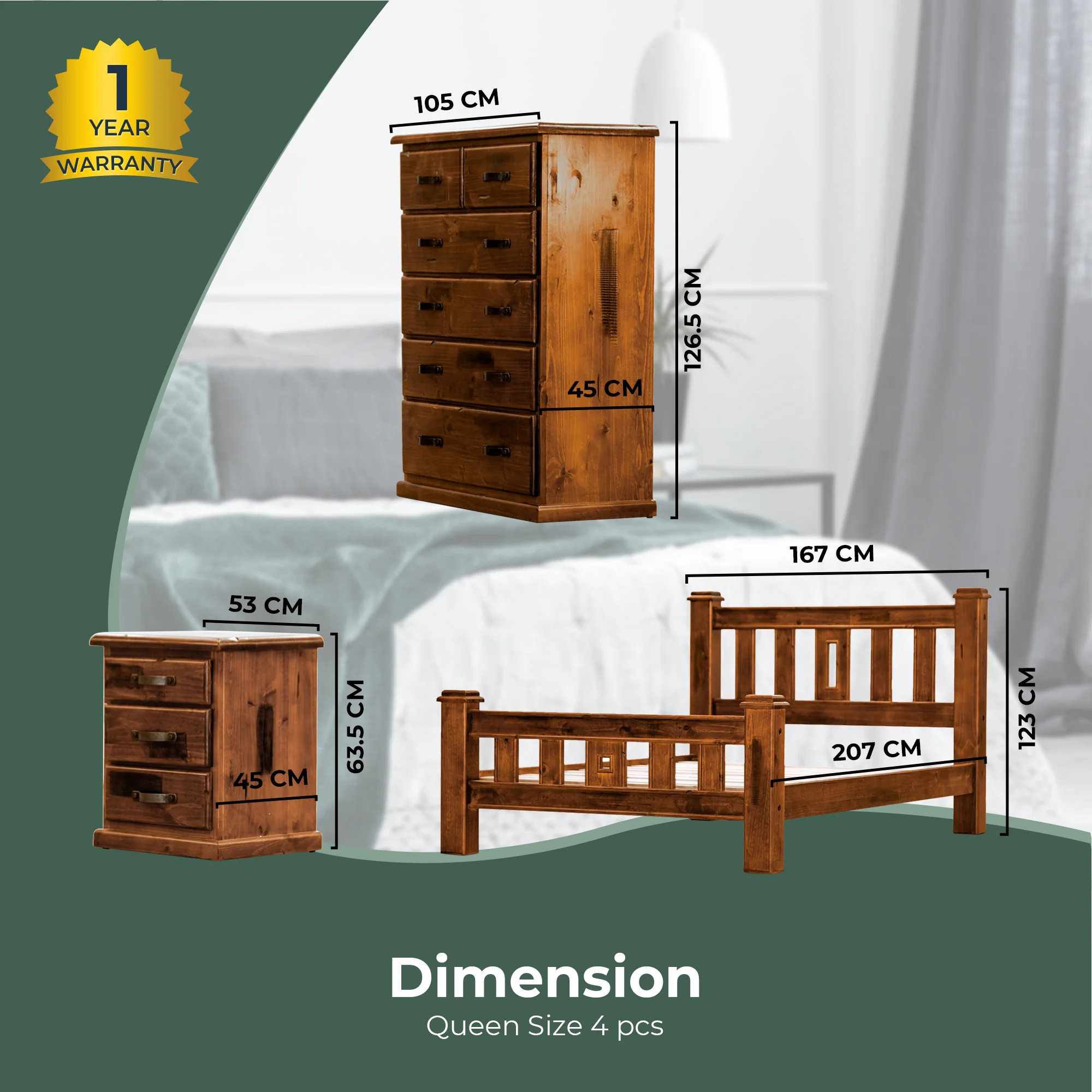 Umber 4pc Queen Bed Frame Bedside Tallboy Suite - Image 3