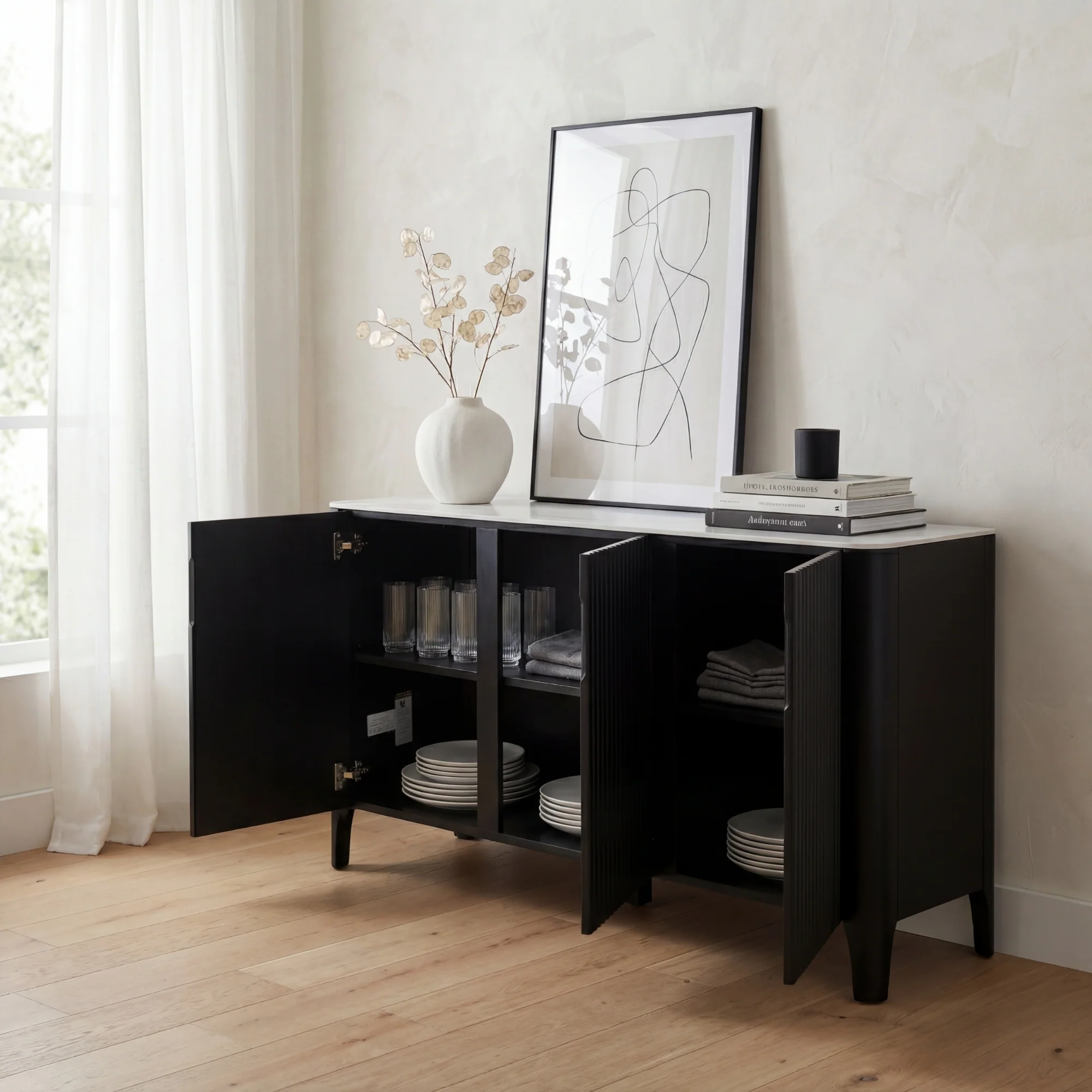 Valen 150cm Buffet Table Ceramic Stone Top Black - Image 3