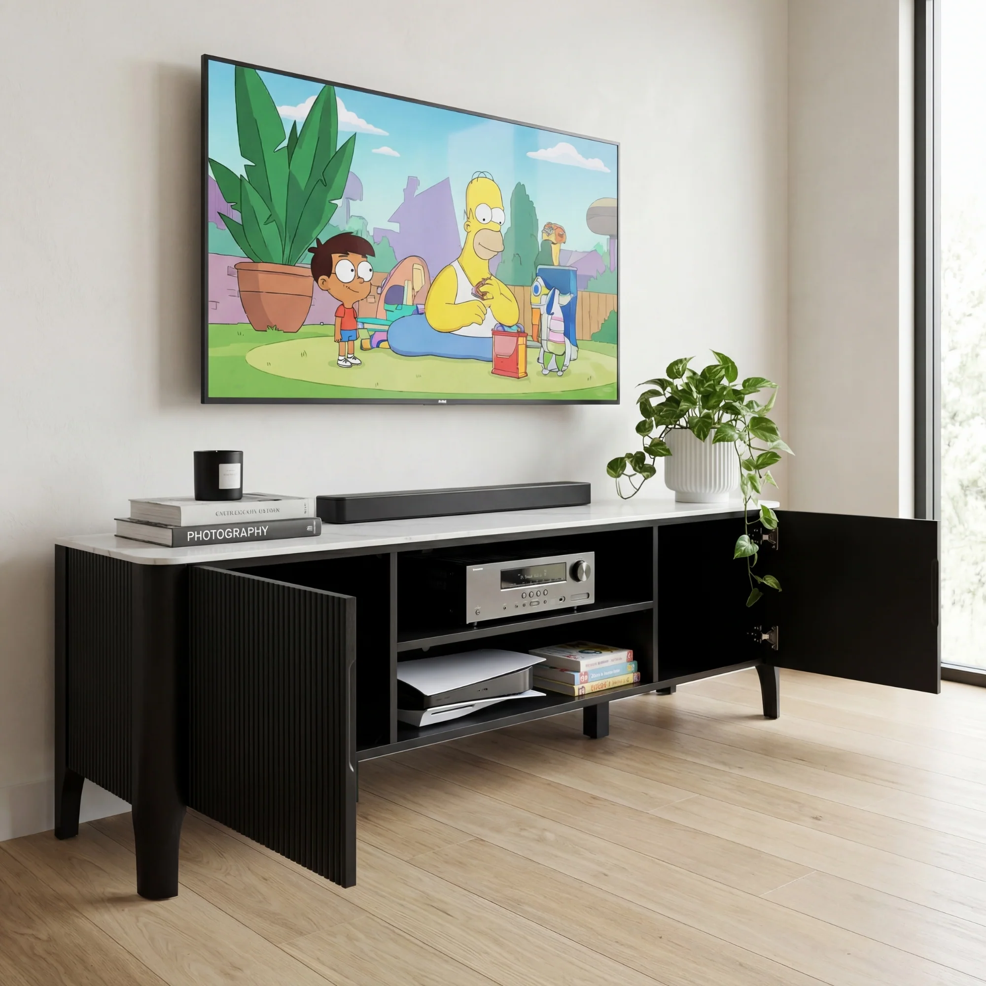 Valen 200cm ETU Entertainment TV Unit Ceramic Stone Top Black - Image 5