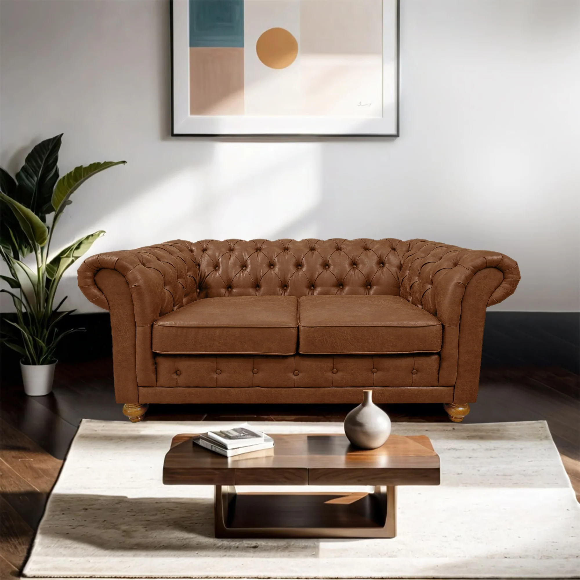 Winston 2 Seater Chesterfield Fabric Sofa Tan - Image 4