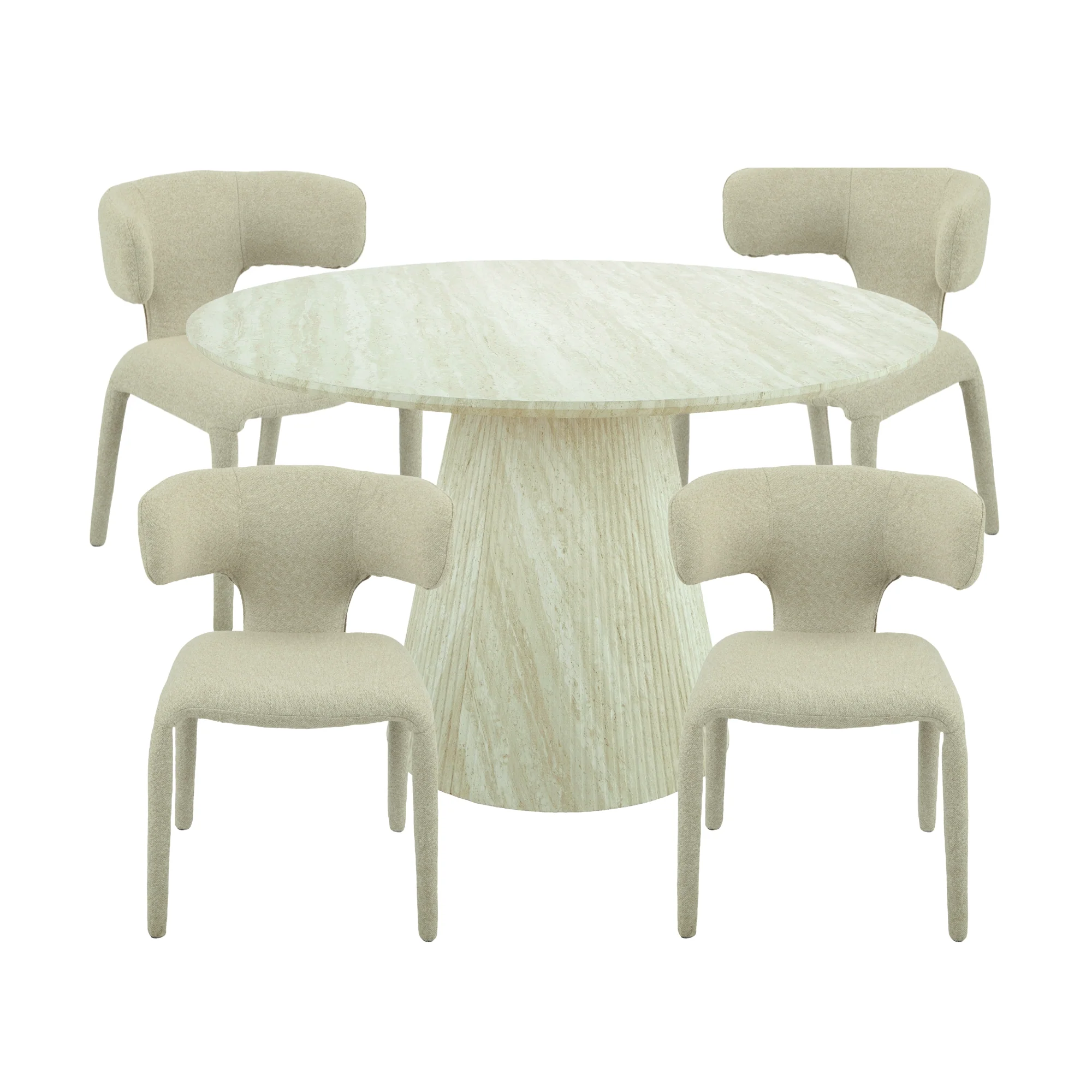 Yvon 5pc Dining Set 120cm Round Dining Table Ivory Boucle Fabric Chair - Image 2
